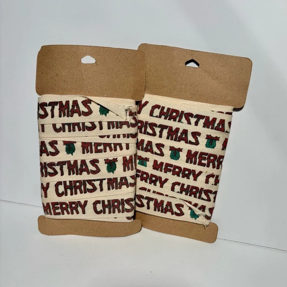 “Merry Christmas” Cotton Ribbon - Cream and Red 20 yards